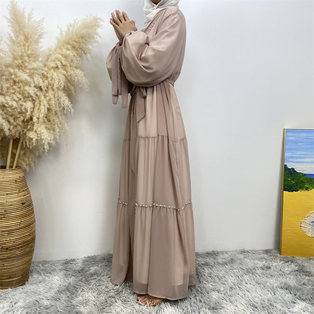 Tulle Nail Bead Chiffon Open Abaya