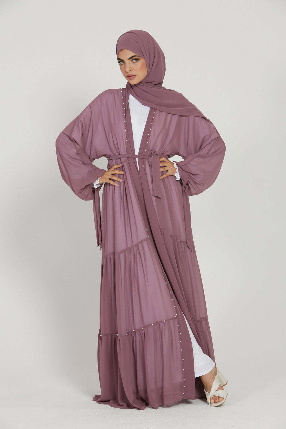 Tulle Nail Bead Chiffon Open Abaya