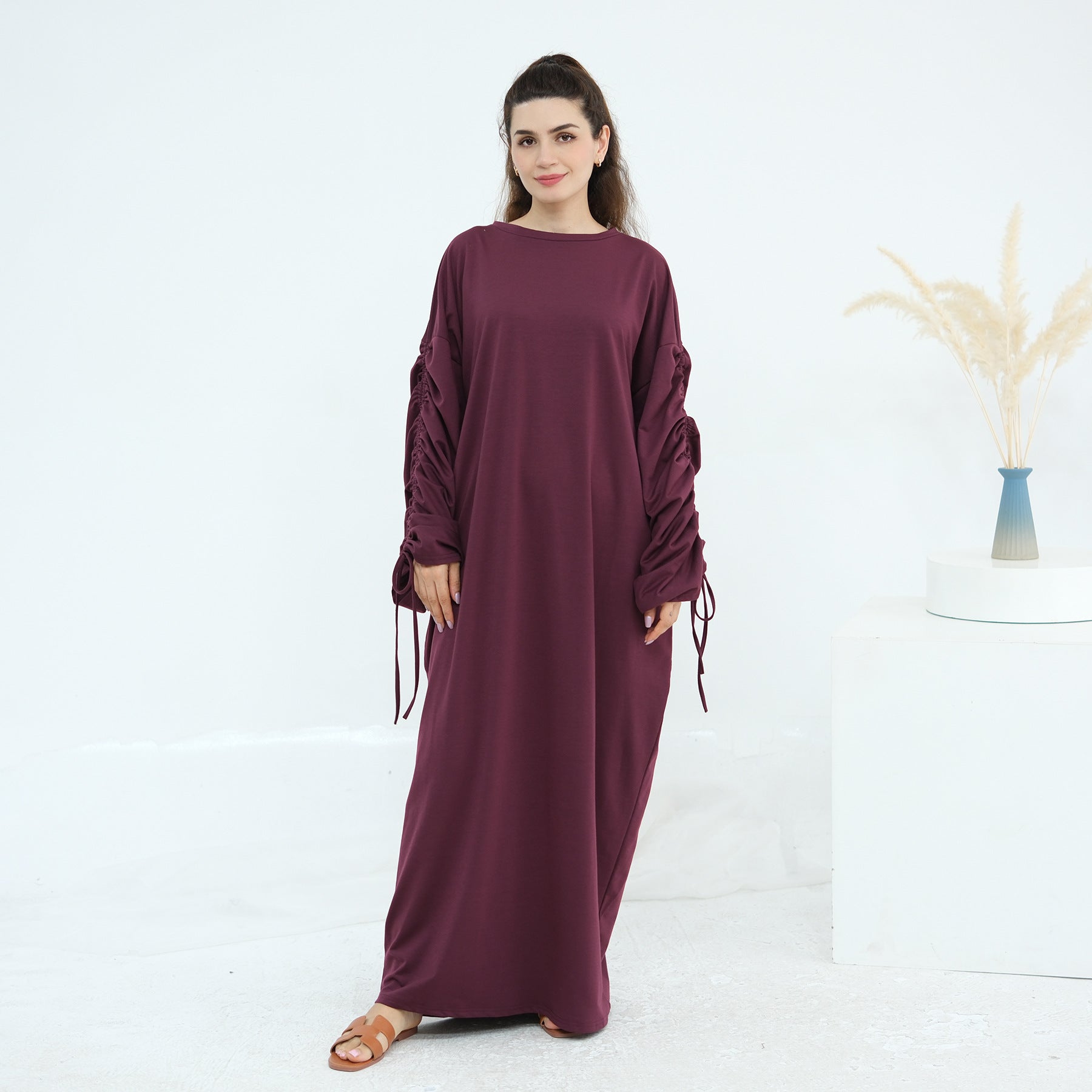 Solid Color Dress with Drawstring Cuffs Abaya