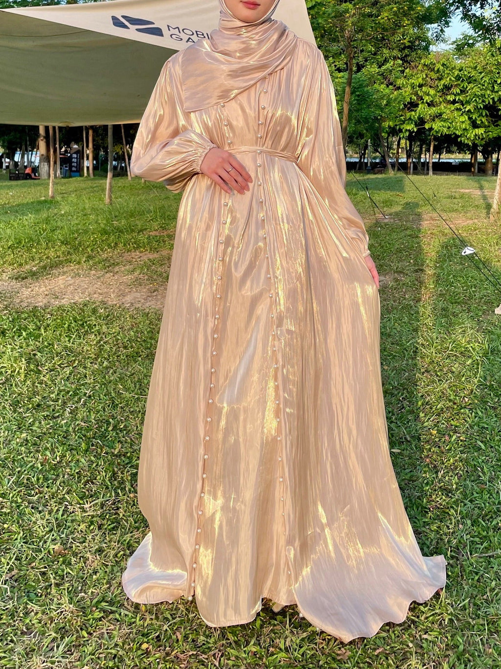 Flowing Gauze Dress Abaya 5 Piece Set