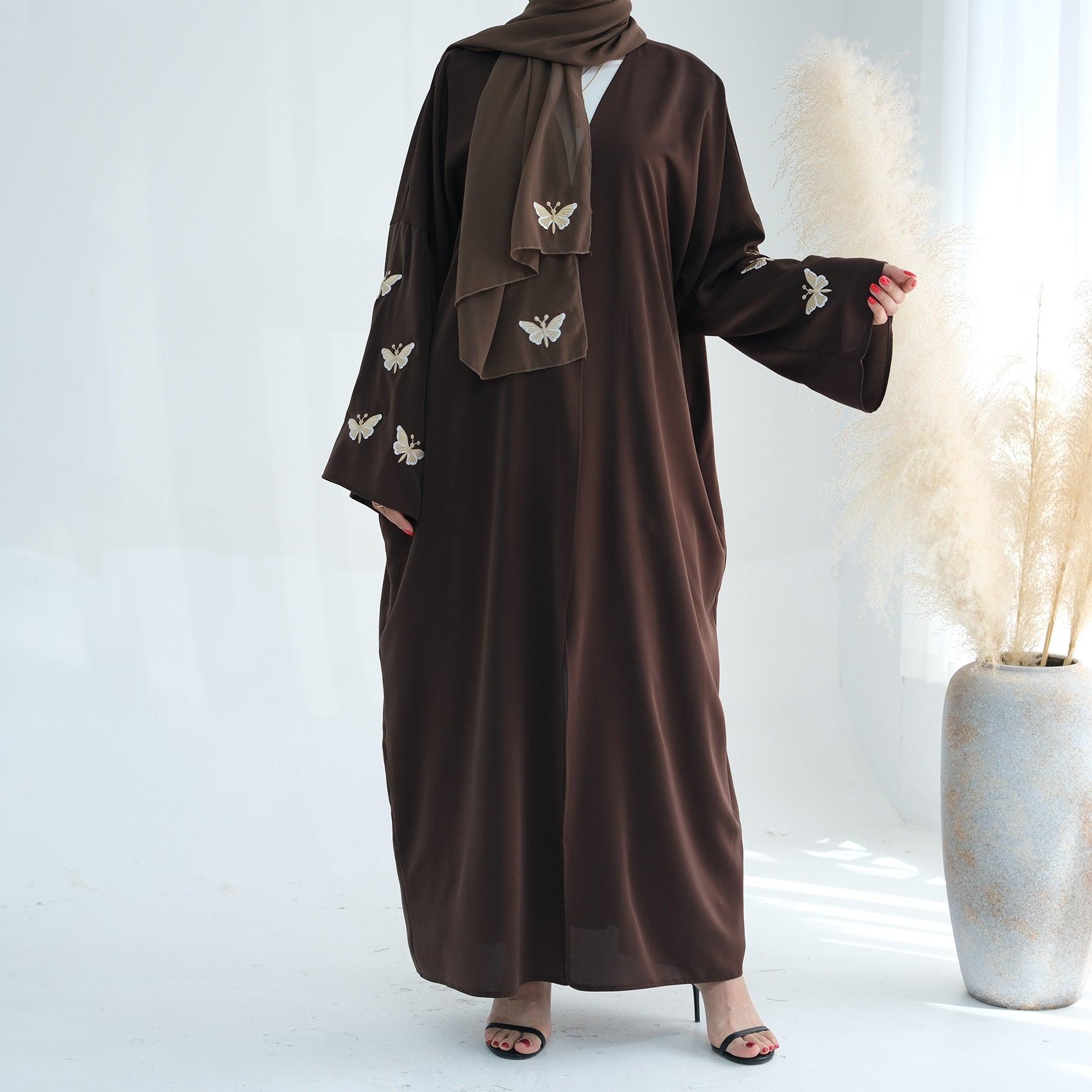 Embroidered Butterfly Print Kaftan with Hijab