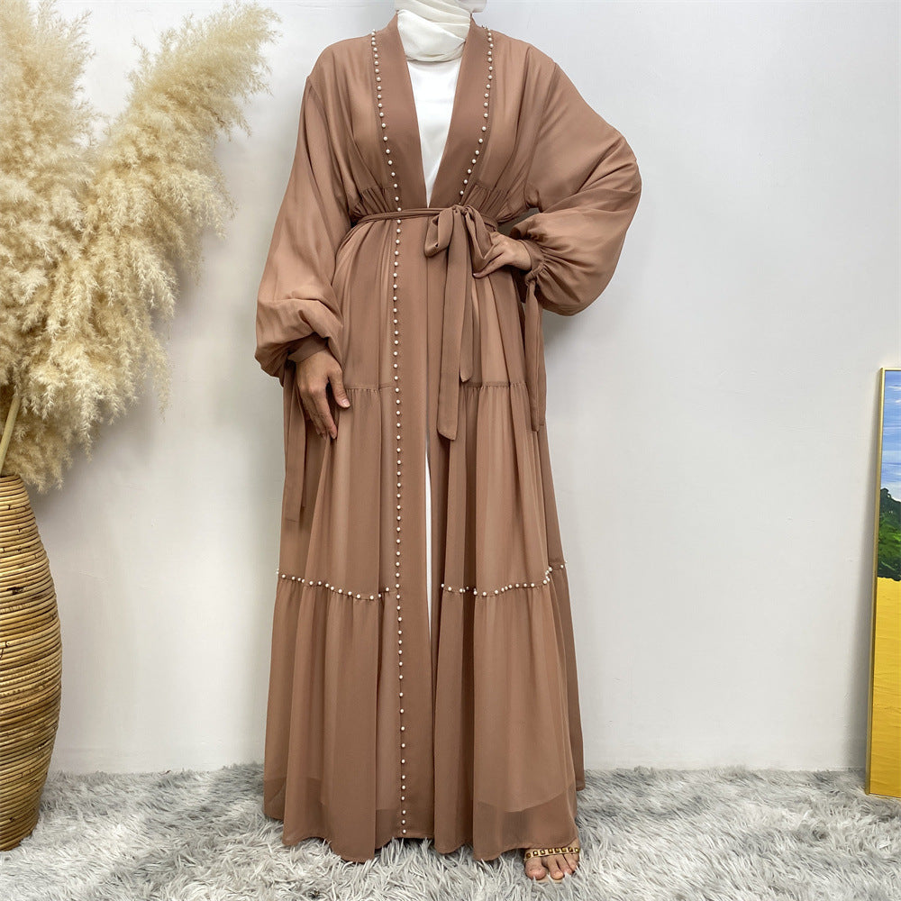 Tulle Nail Bead Chiffon Open Abaya
