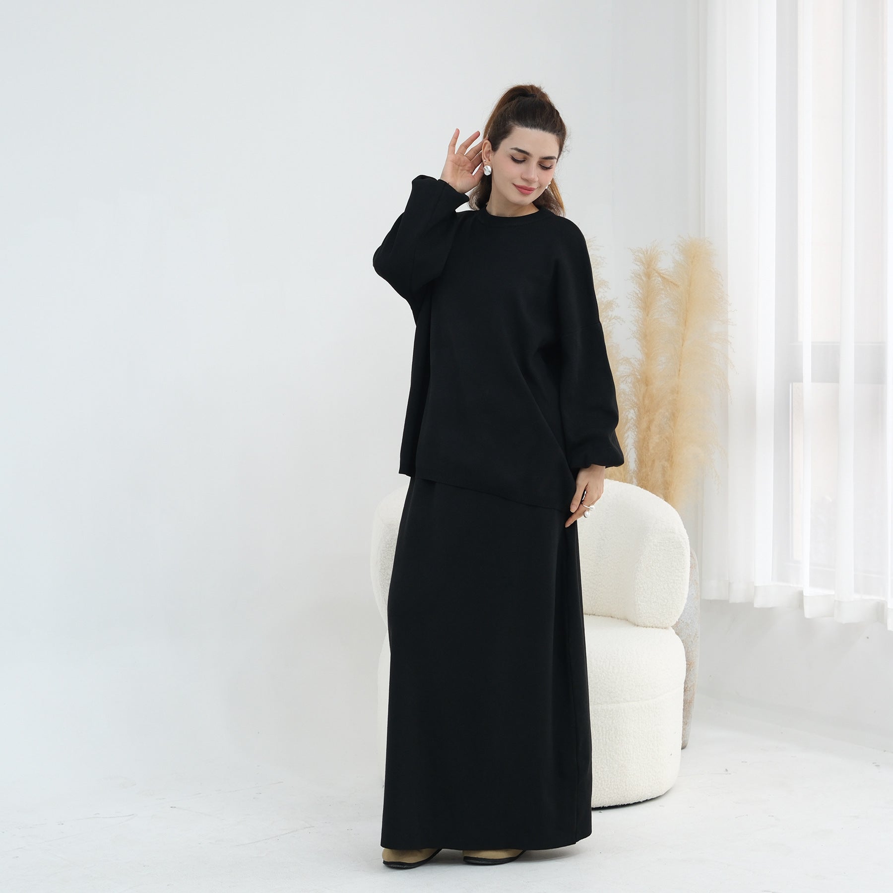 Thickened Knitted Solid Color Dress Set