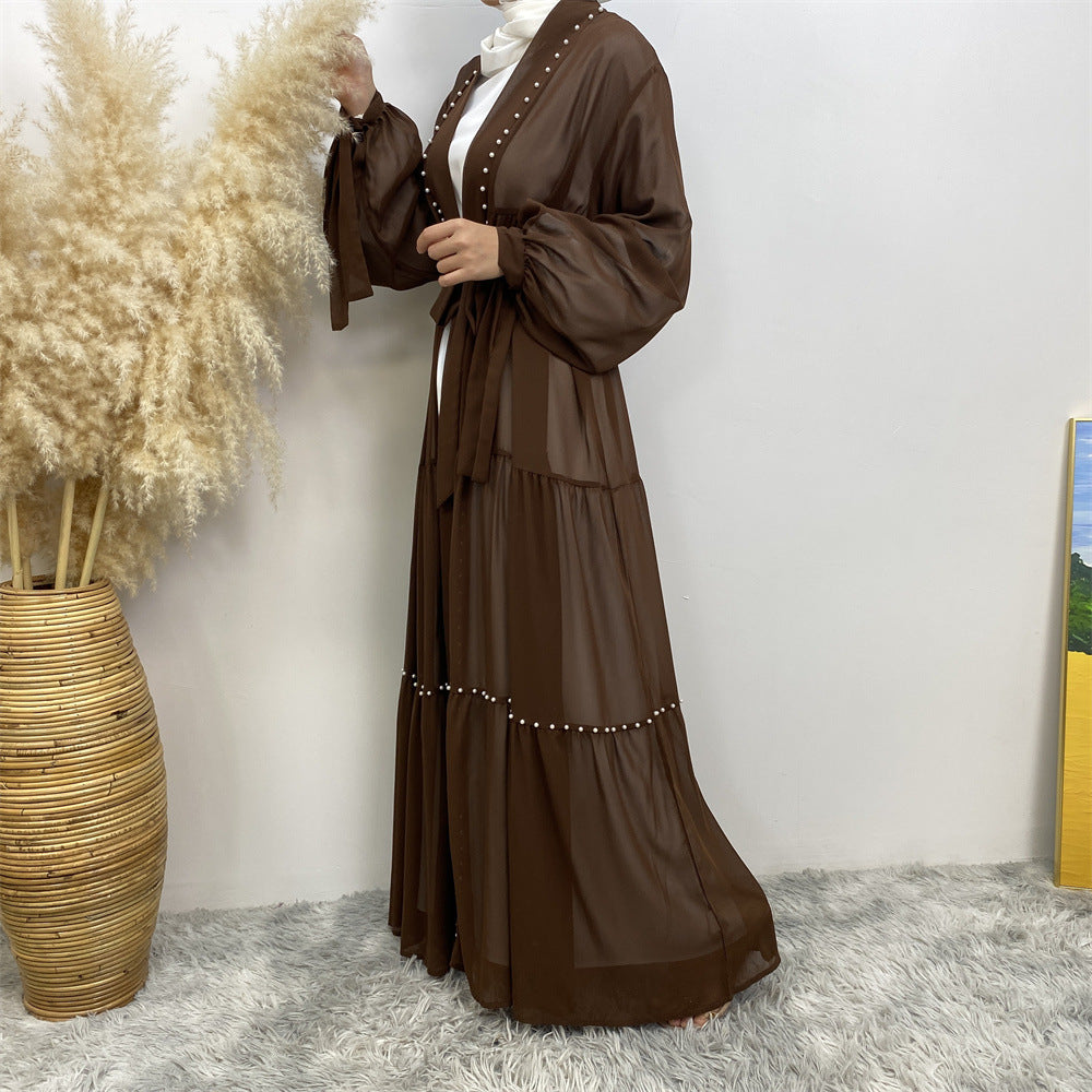 Tulle Nail Bead Chiffon Open Abaya