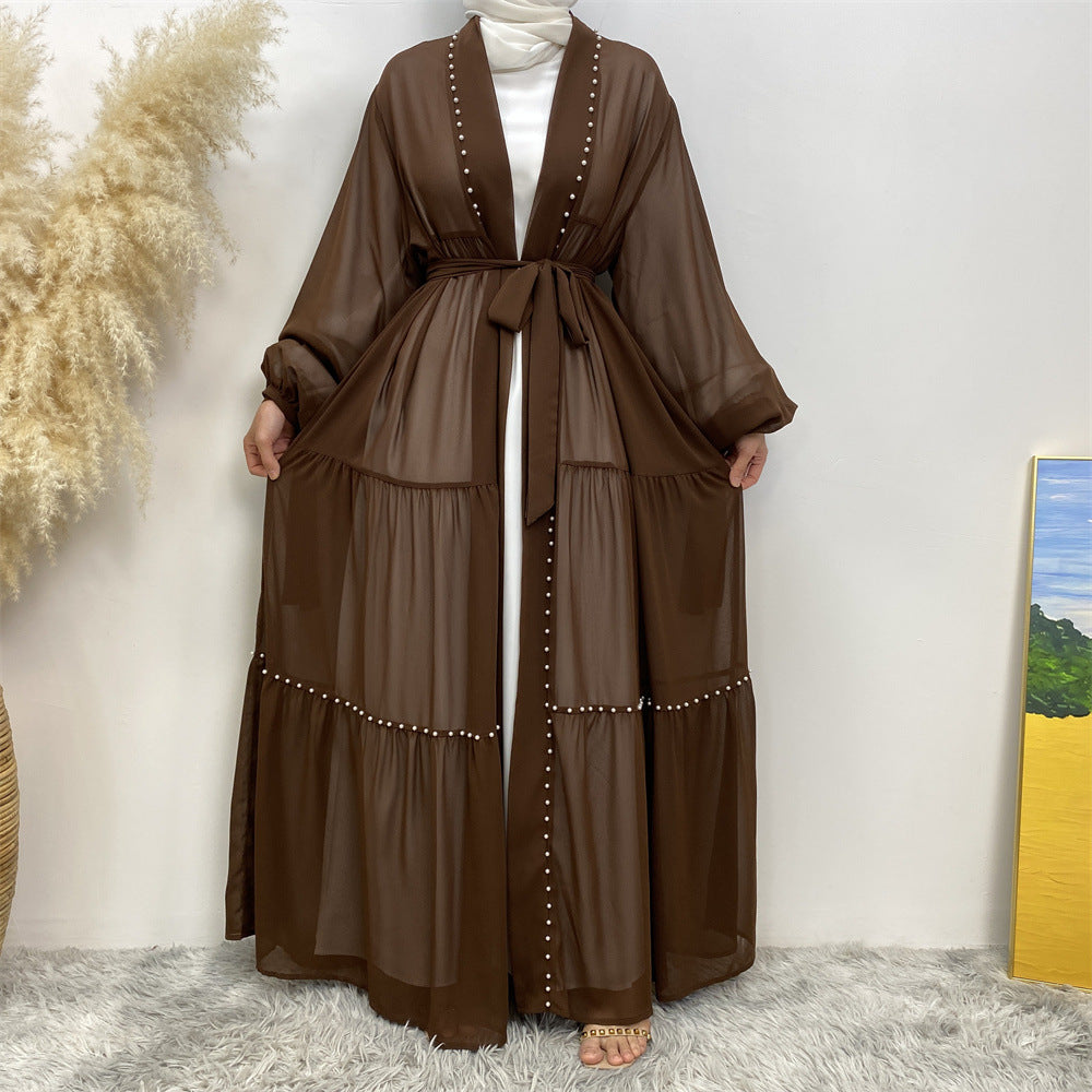 Tulle Nail Bead Chiffon Open Abaya