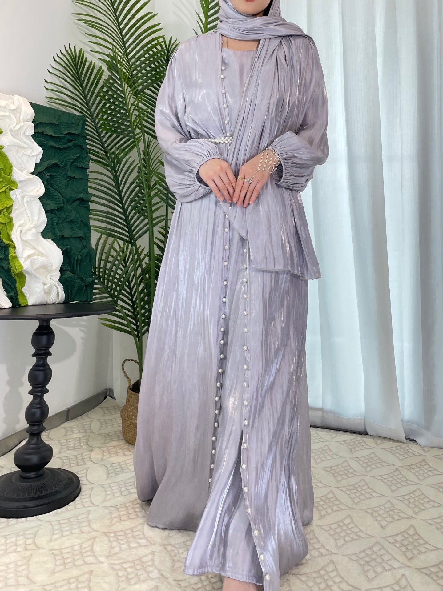 Flowing Gauze Dress Abaya 5 Piece Set