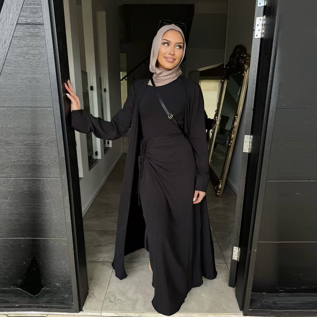 2 Pcs Abaya Solid Color Cardigan and Skirt