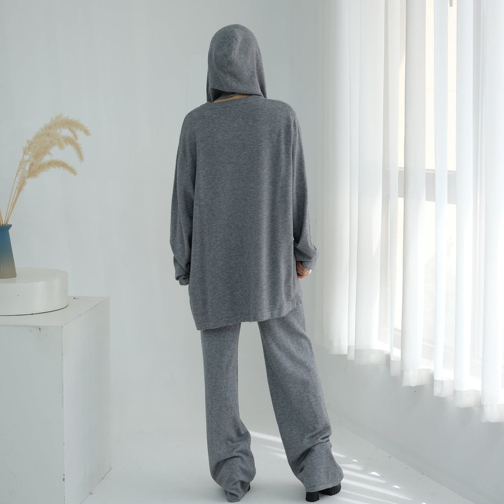 2 Pcs Solid Color Knitted Set with Hooded