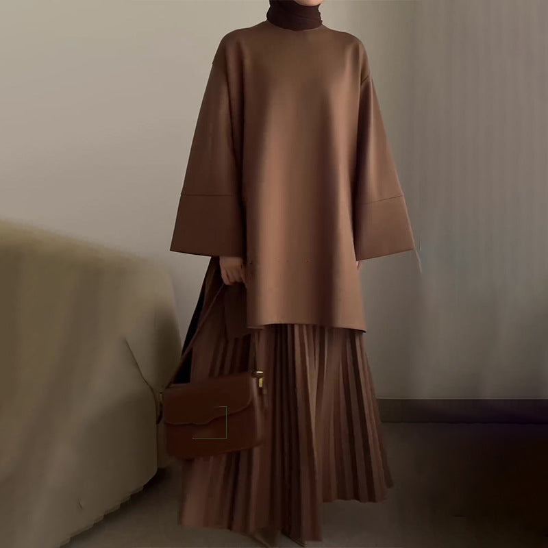 Round Neck Top & Pleated Skirt Set