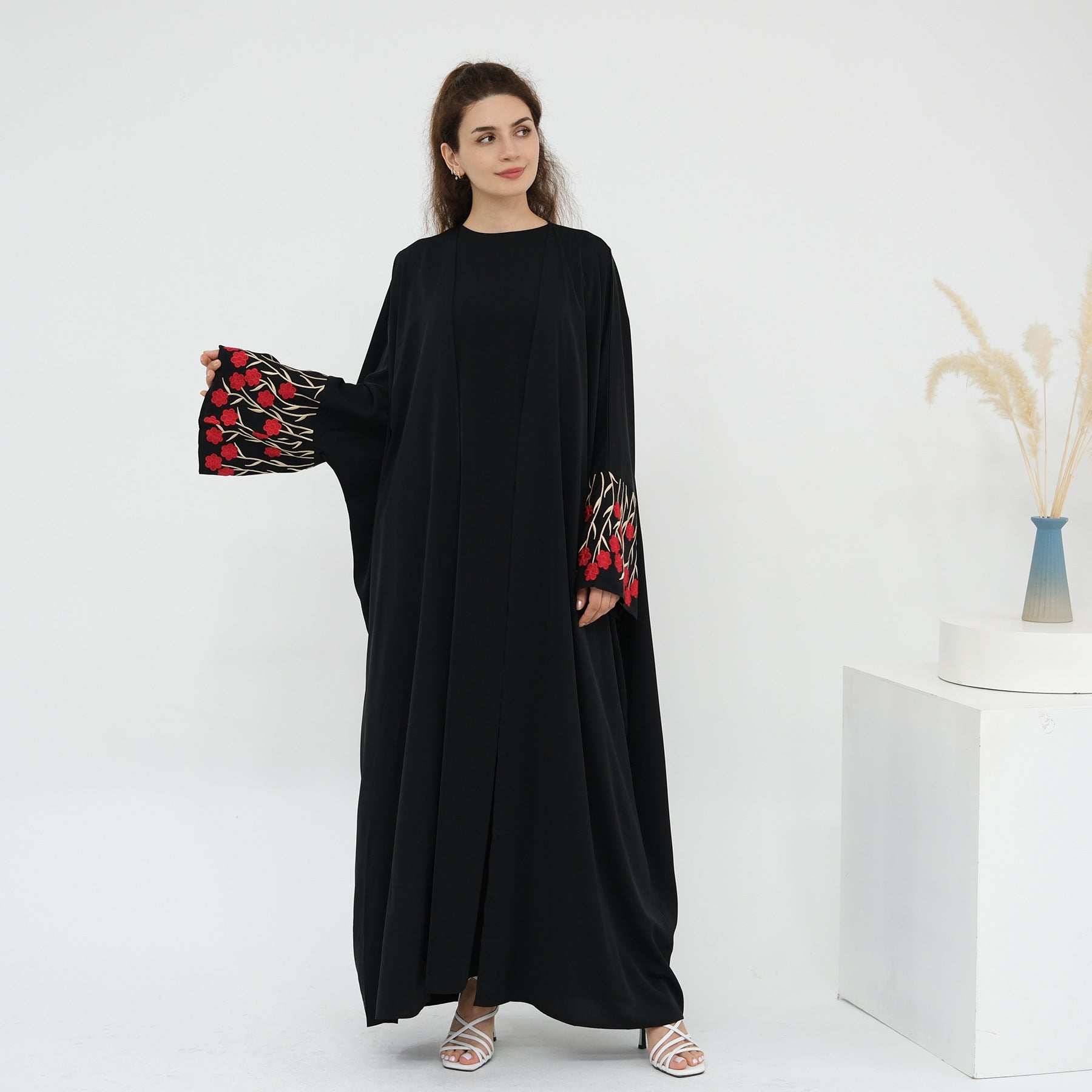 Flower Embroidery Cardigan Abaya with Hijab