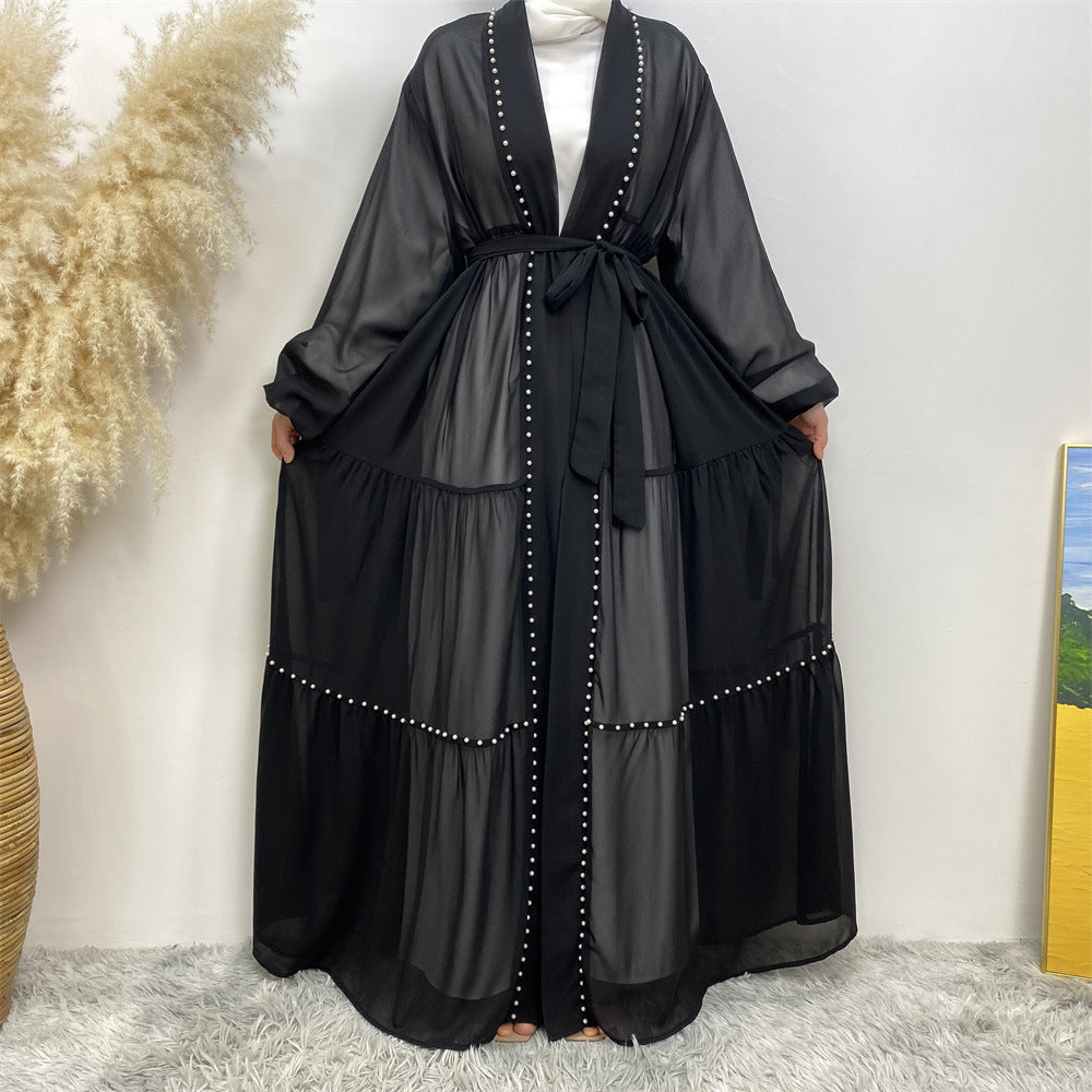 Tulle Nail Bead Chiffon Open Abaya