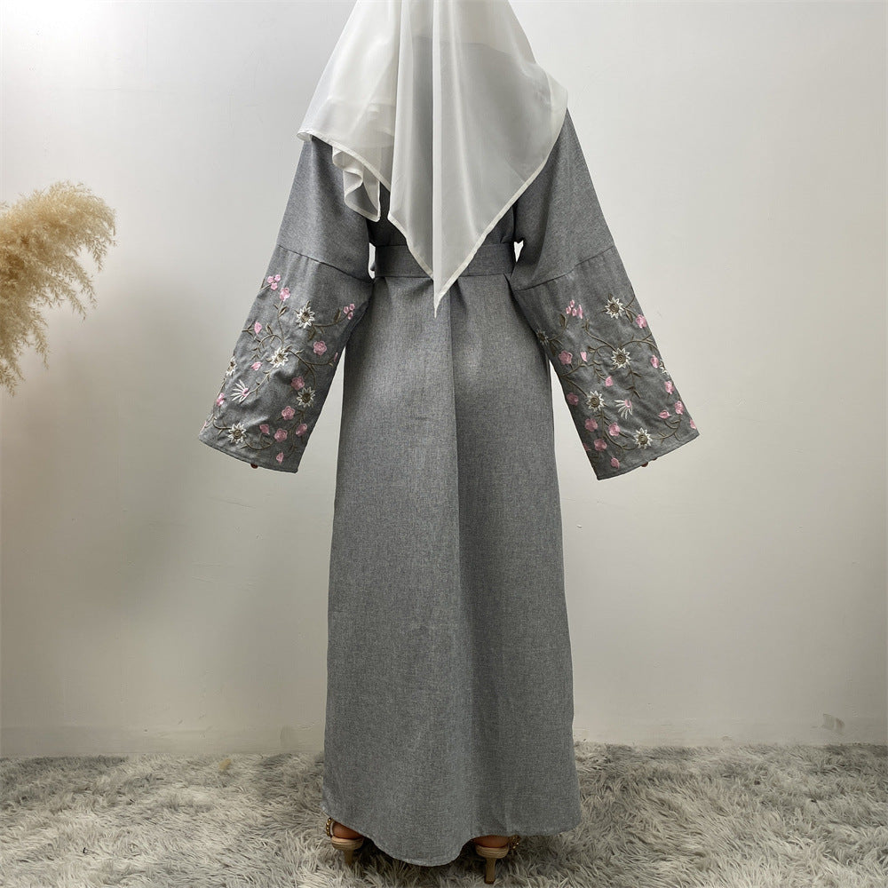 Peach Blossom Cotton Hemp Embroidery Abaya