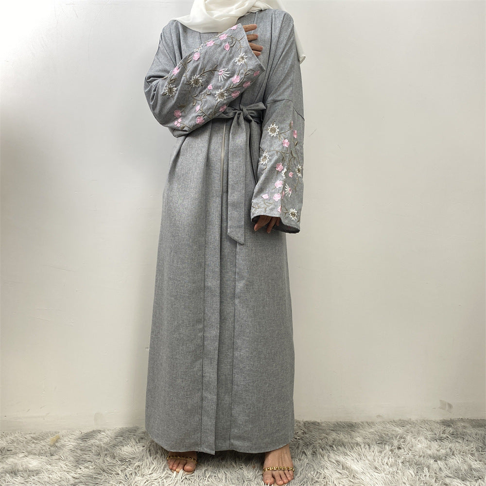 Peach Blossom Cotton Hemp Embroidery Abaya