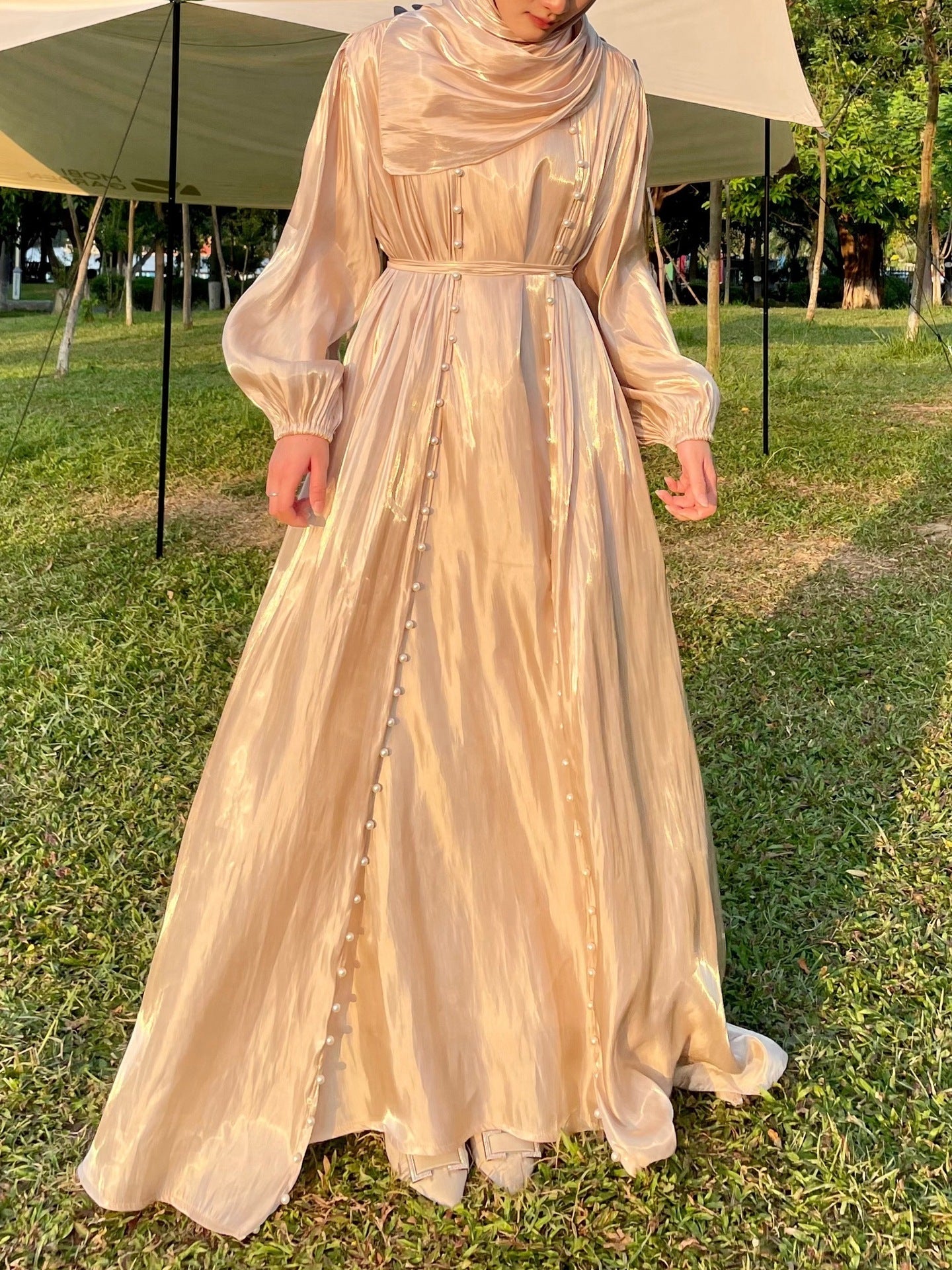 Flowing Gauze Dress Abaya 5 Piece Set