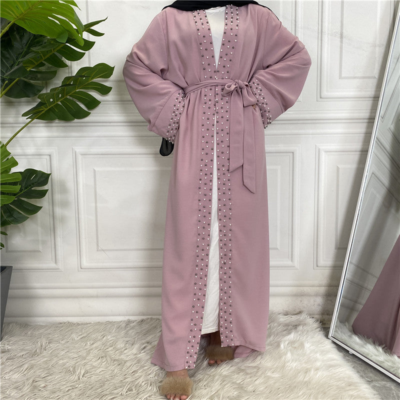 Elegant Pure Color Bead Strap Open Abaya
