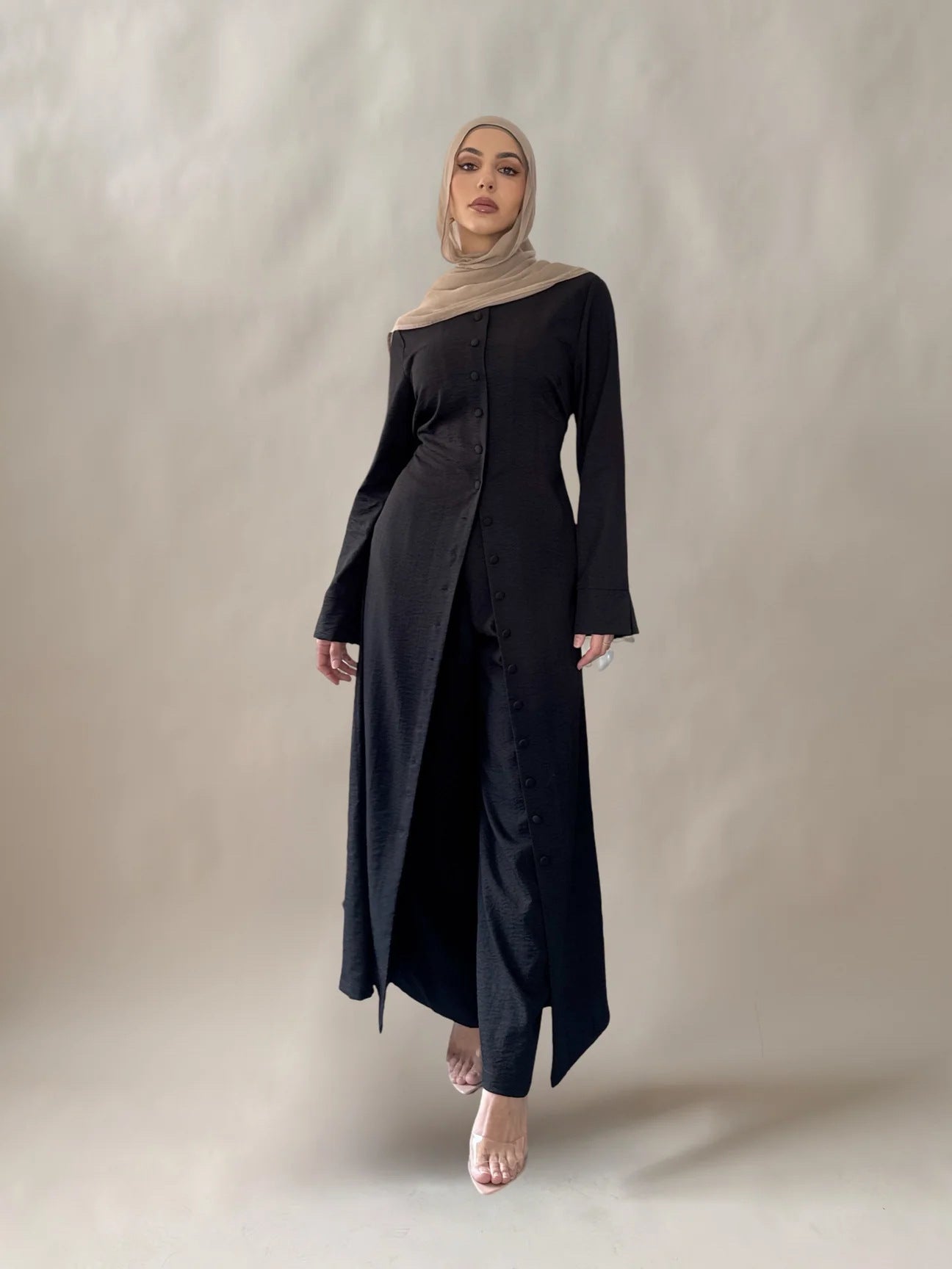 Solid Color Two-Piece Button Abaya
