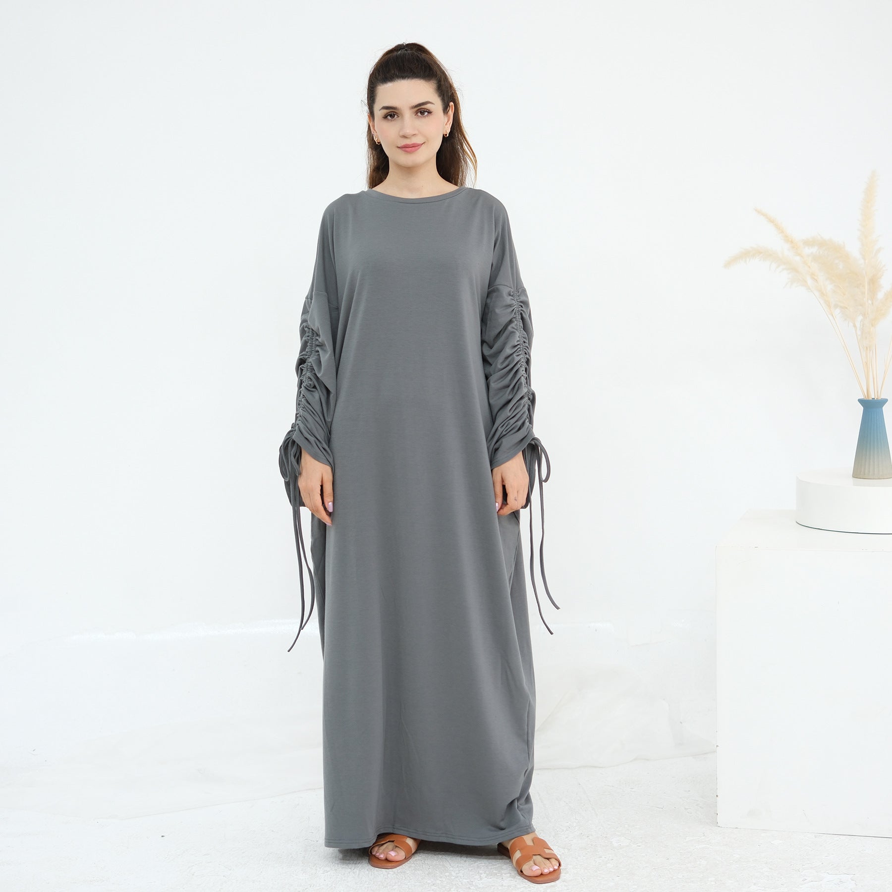 Solid Color Dress with Drawstring Cuffs Abaya