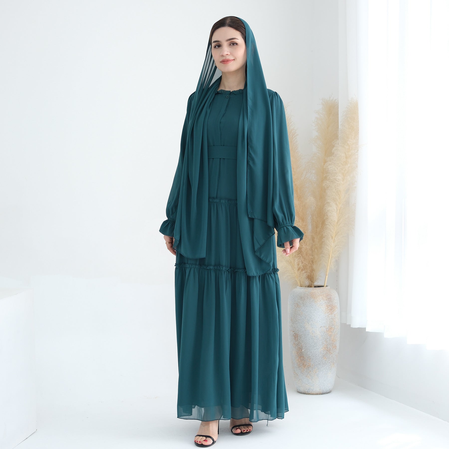 Solid Color Light Flared Sleeve Dress Hijab Set