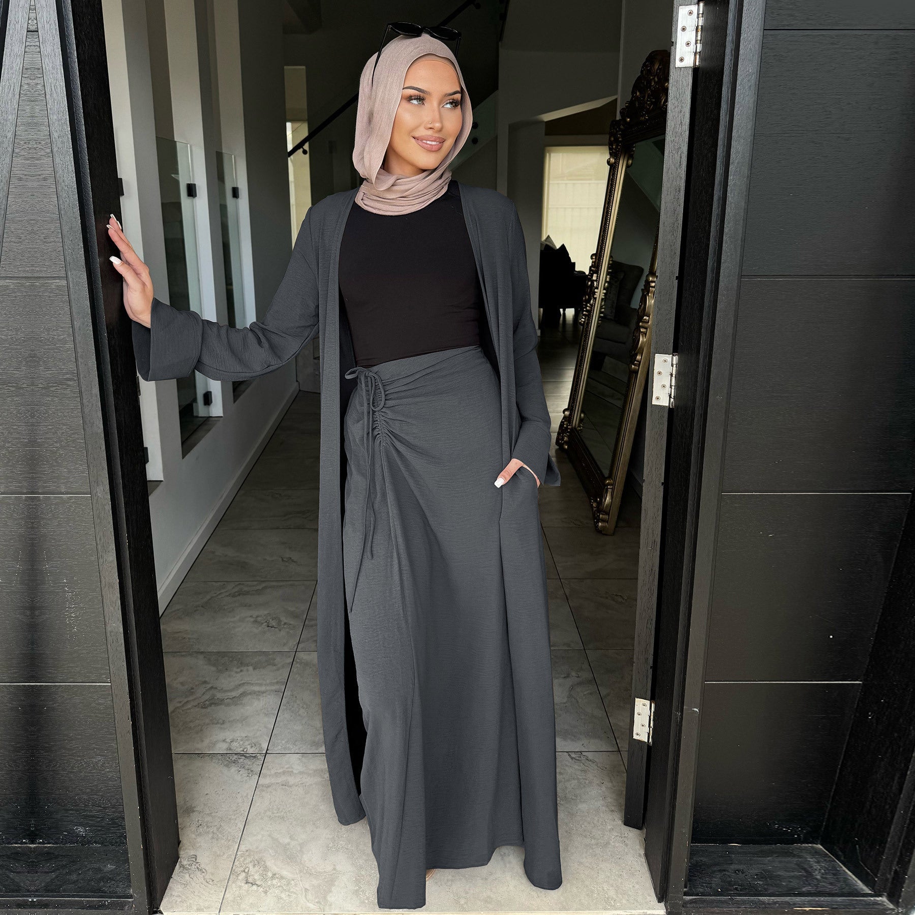 2 Pcs Abaya Solid Color Cardigan and Skirt