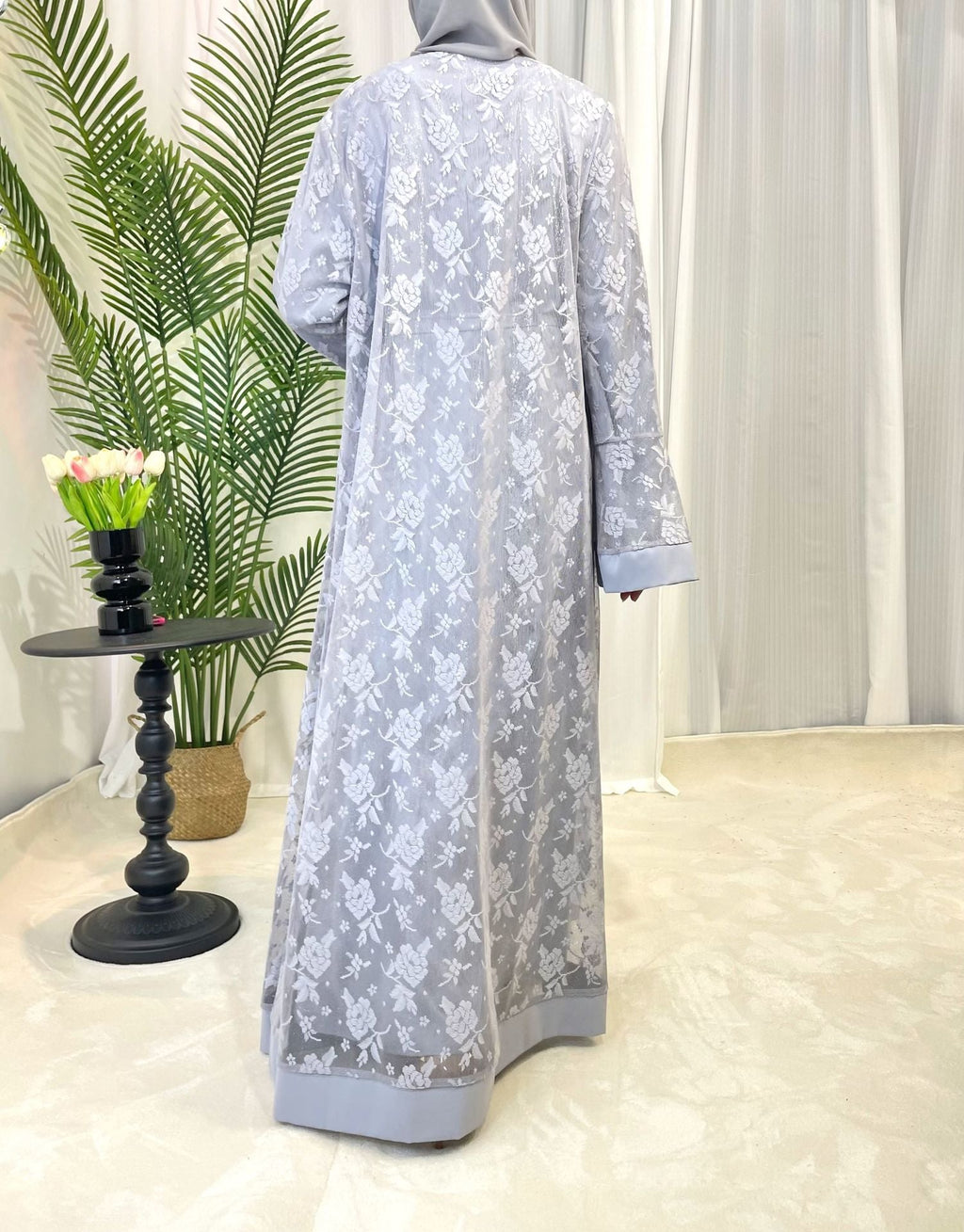 Clear Lace Rose Dress Abaya 3 Piece Set