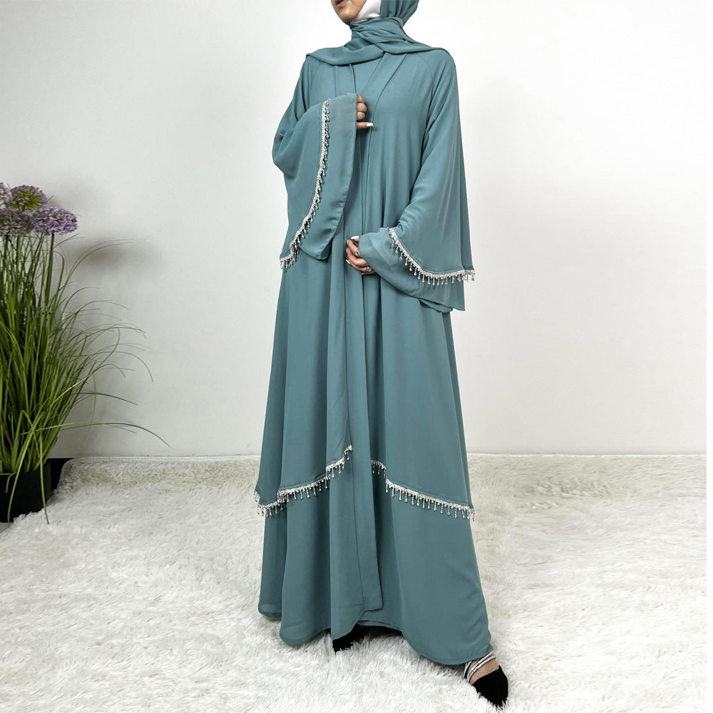 Chiffon Rhinestone Trumpet Sleeve Abaya Set