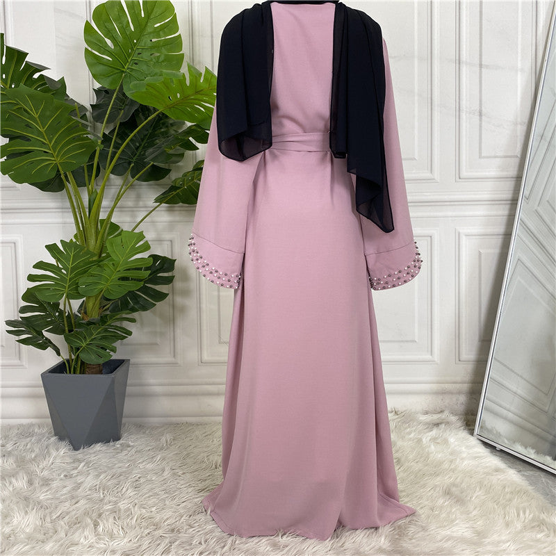 Elegant Pure Color Bead Strap Open Abaya