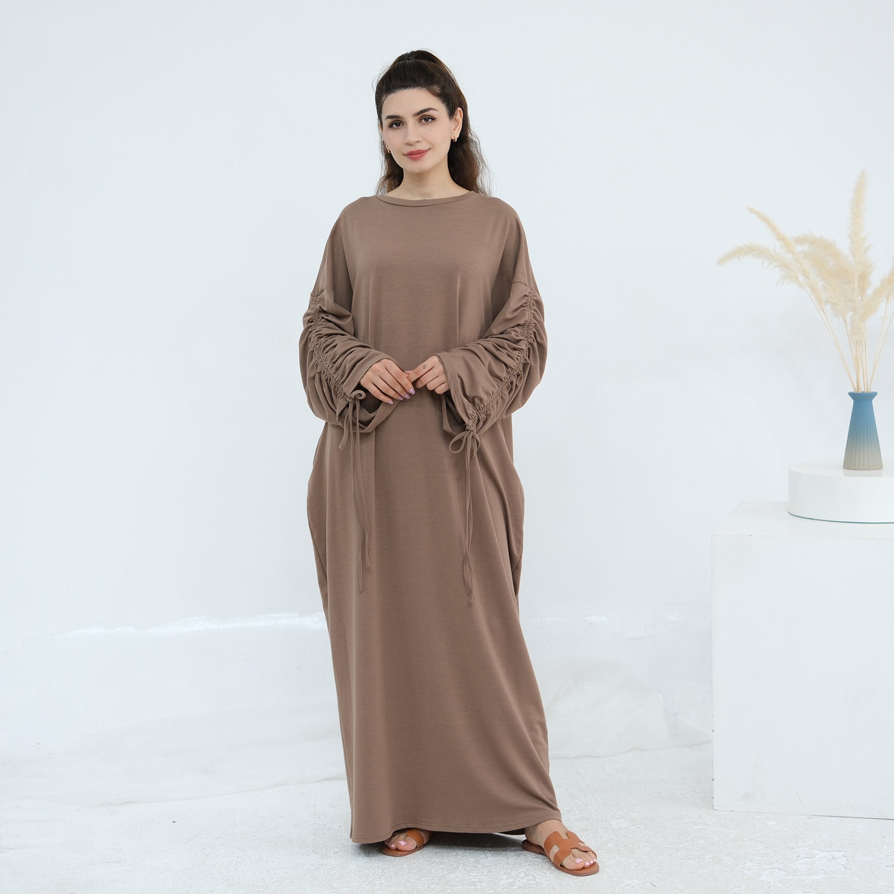 Solid Color Dress with Drawstring Cuffs Abaya