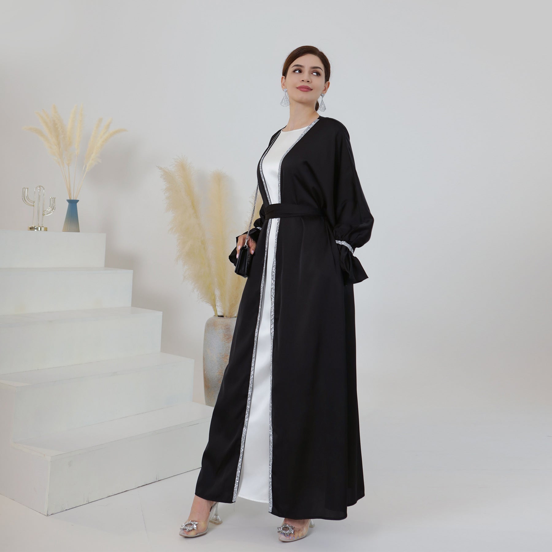 Satin Open Abaya With Belt