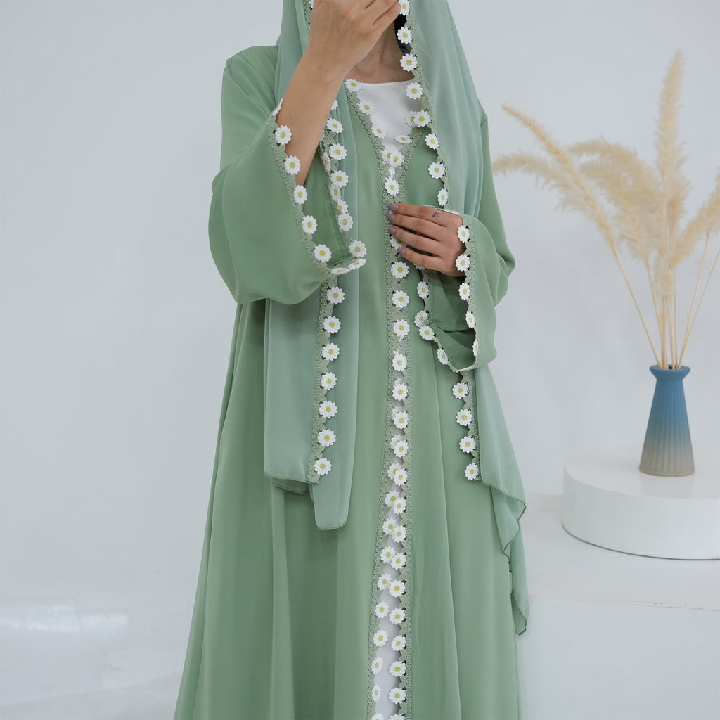 Green Embroidered Flower 2PCS Abaya