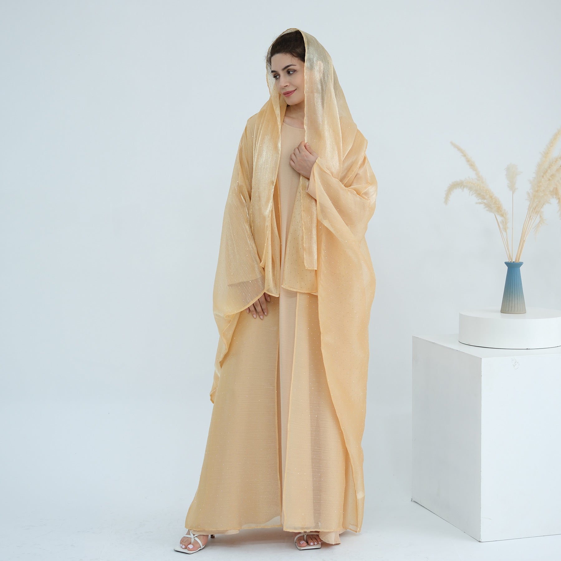 Ice Flower Wrinkled 3PCS Abaya with Hijab