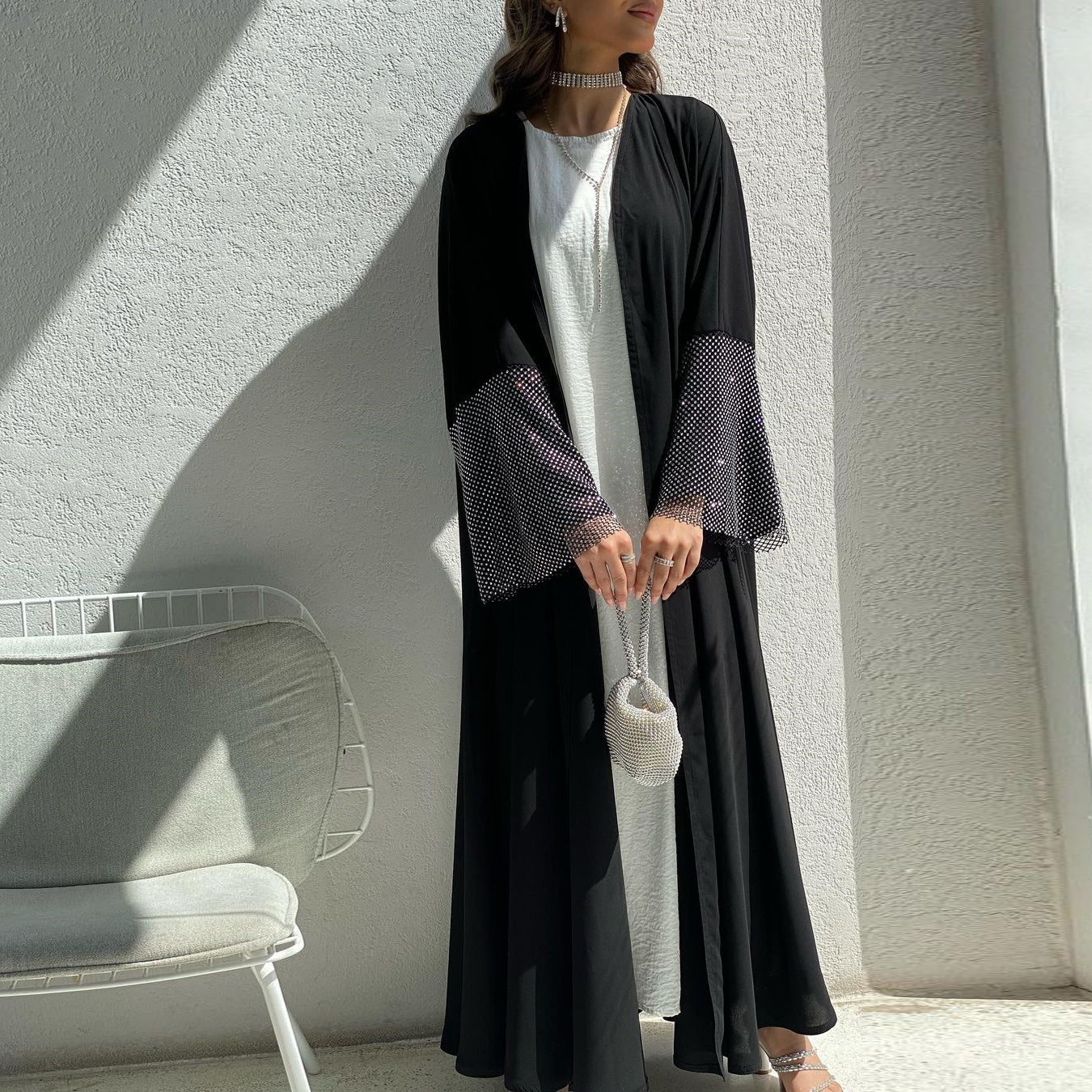 Black Open Kimono Elastic Drilling Net Abaya