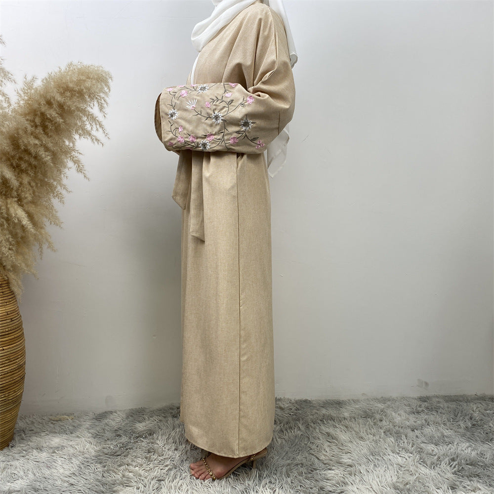 Peach Blossom Cotton Hemp Embroidery Abaya