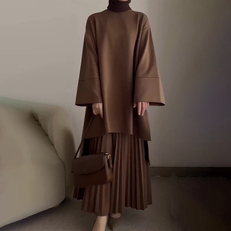 Round Neck Top & Pleated Skirt Set