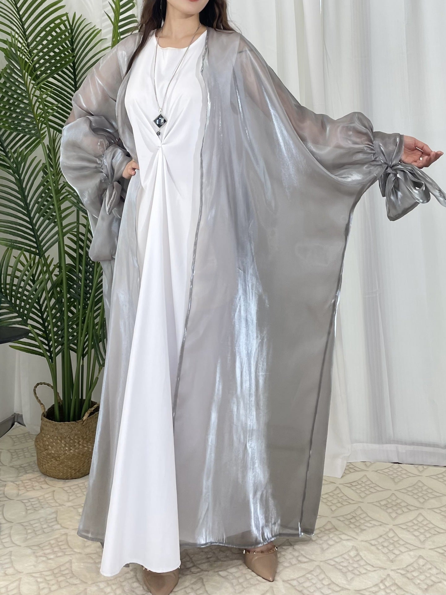 Women's Bubble Sleeve Open Elegant Abaya