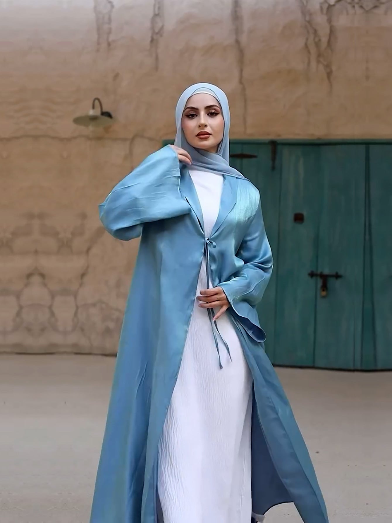 Lake Blue Tie Cardigan Abaya