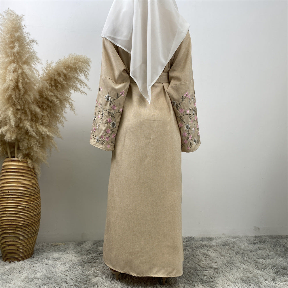 Peach Blossom Cotton Hemp Embroidery Abaya