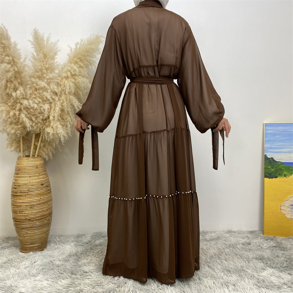 Tulle Nail Bead Chiffon Open Abaya