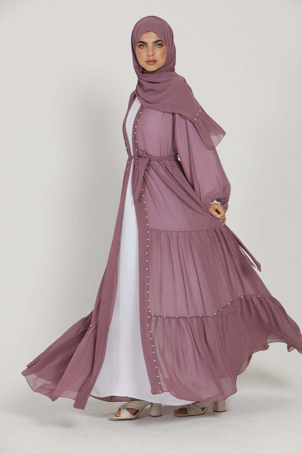 Tulle Nail Bead Chiffon Open Abaya