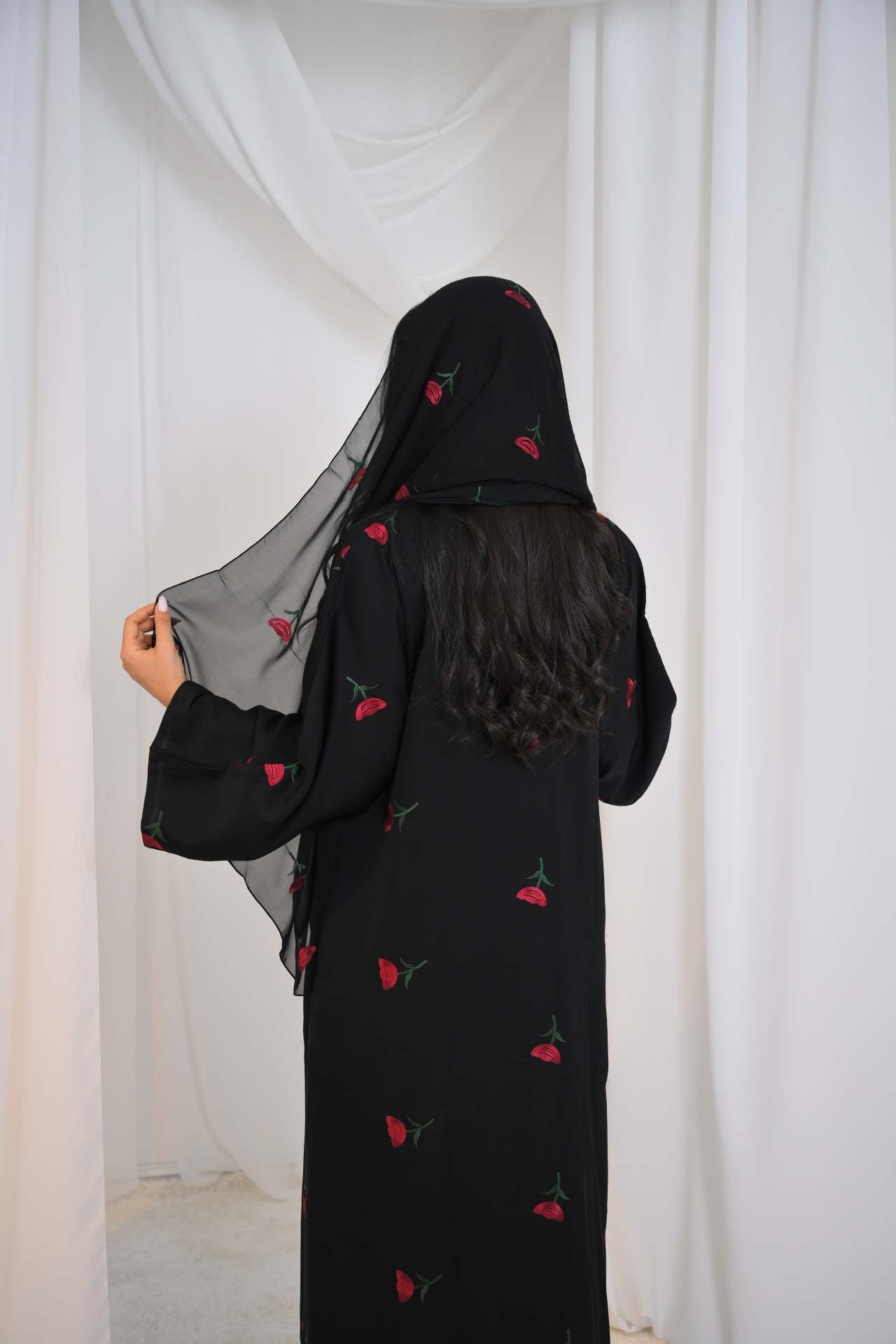 Solid Color Flower Embroidered Cardigan Abaya