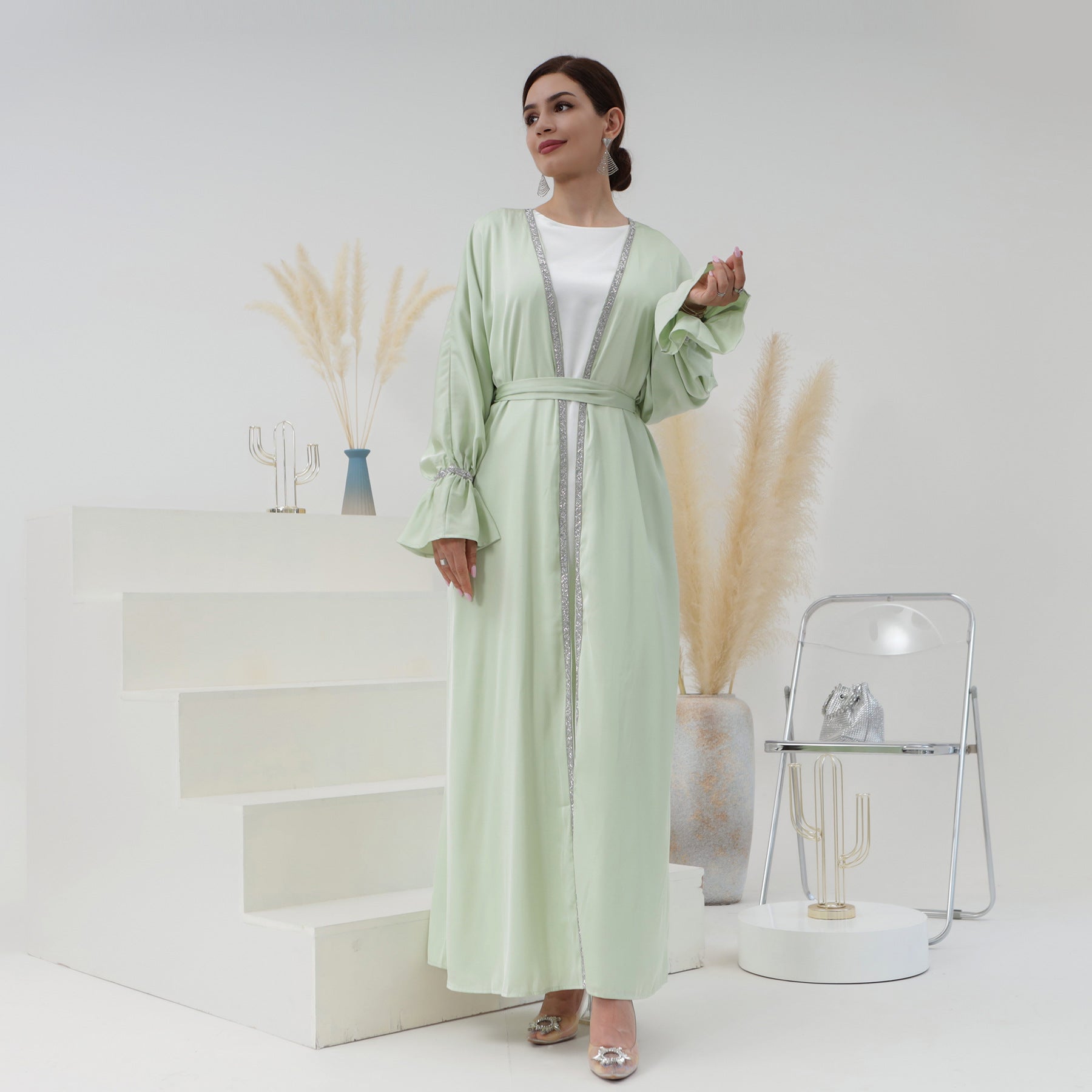 Satin Open Abaya With Belt