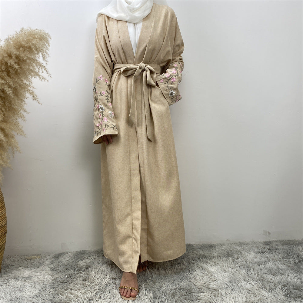Peach Blossom Cotton Hemp Embroidery Abaya