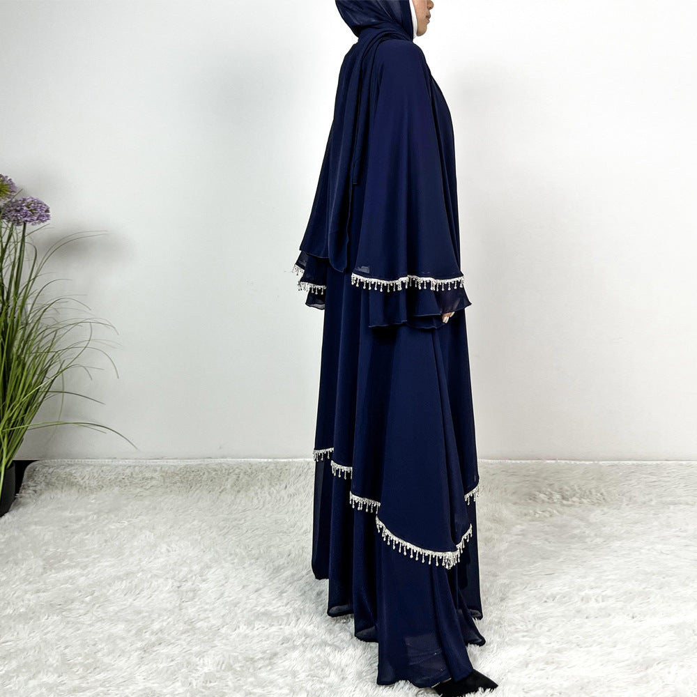 Chiffon Rhinestone Trumpet Sleeve Abaya Set
