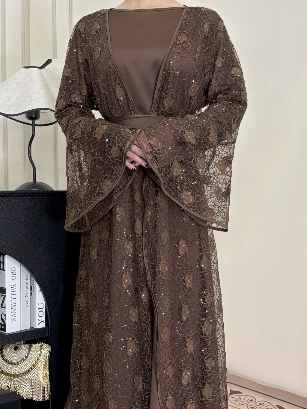 2 Pcs Rose Lace Loose Abaya