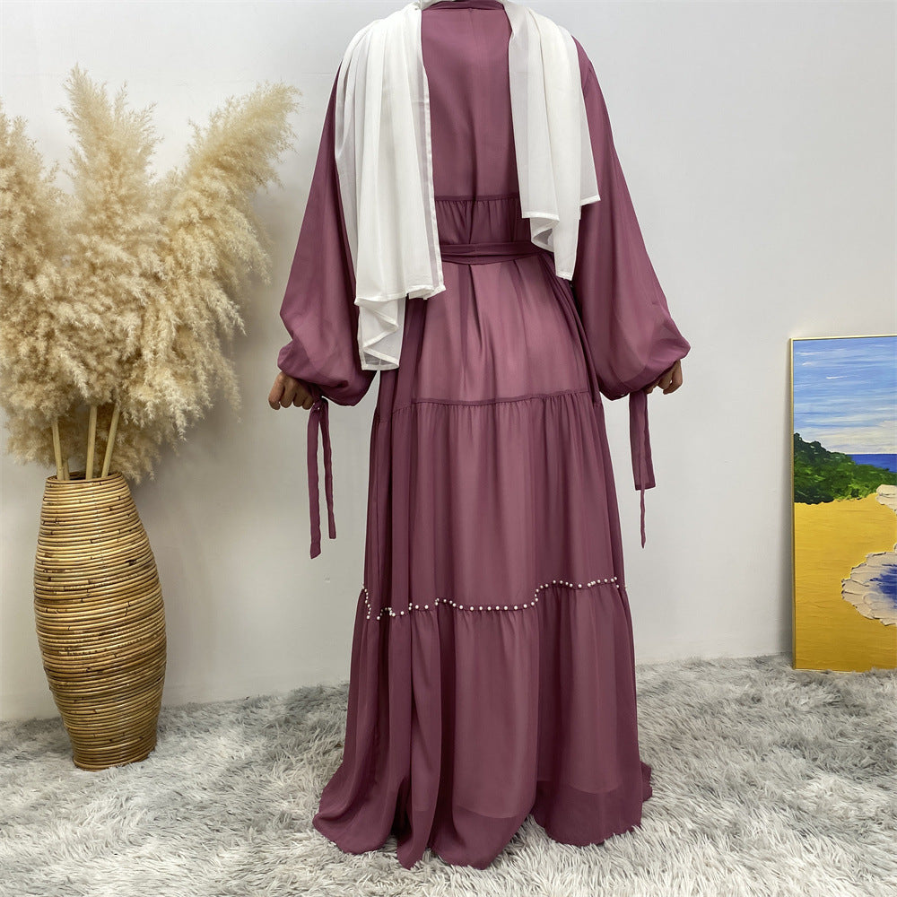 Tulle Nail Bead Chiffon Open Abaya