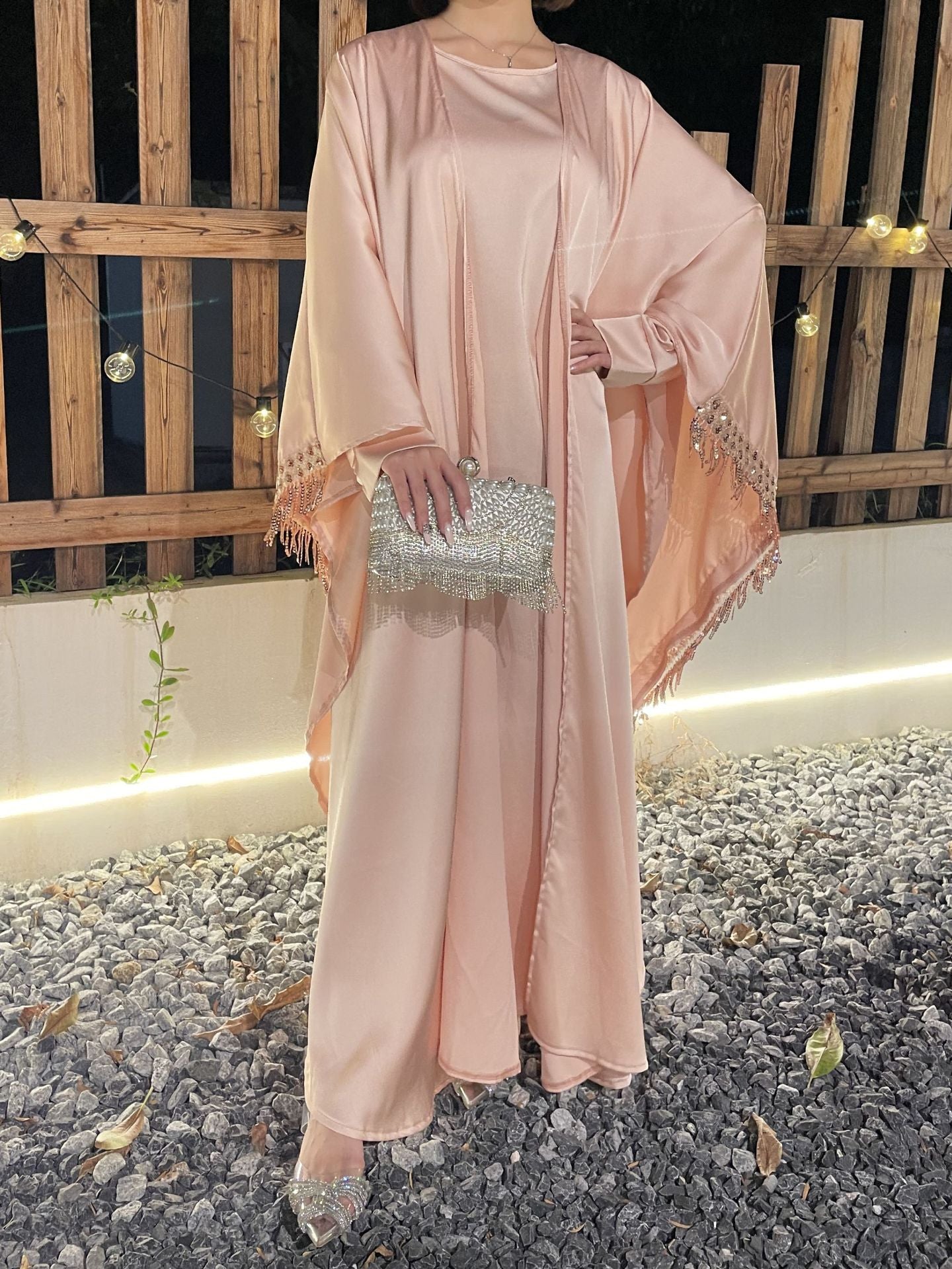 Butterfly Satin Abaya Set 2 Pieces With Inner Dress
