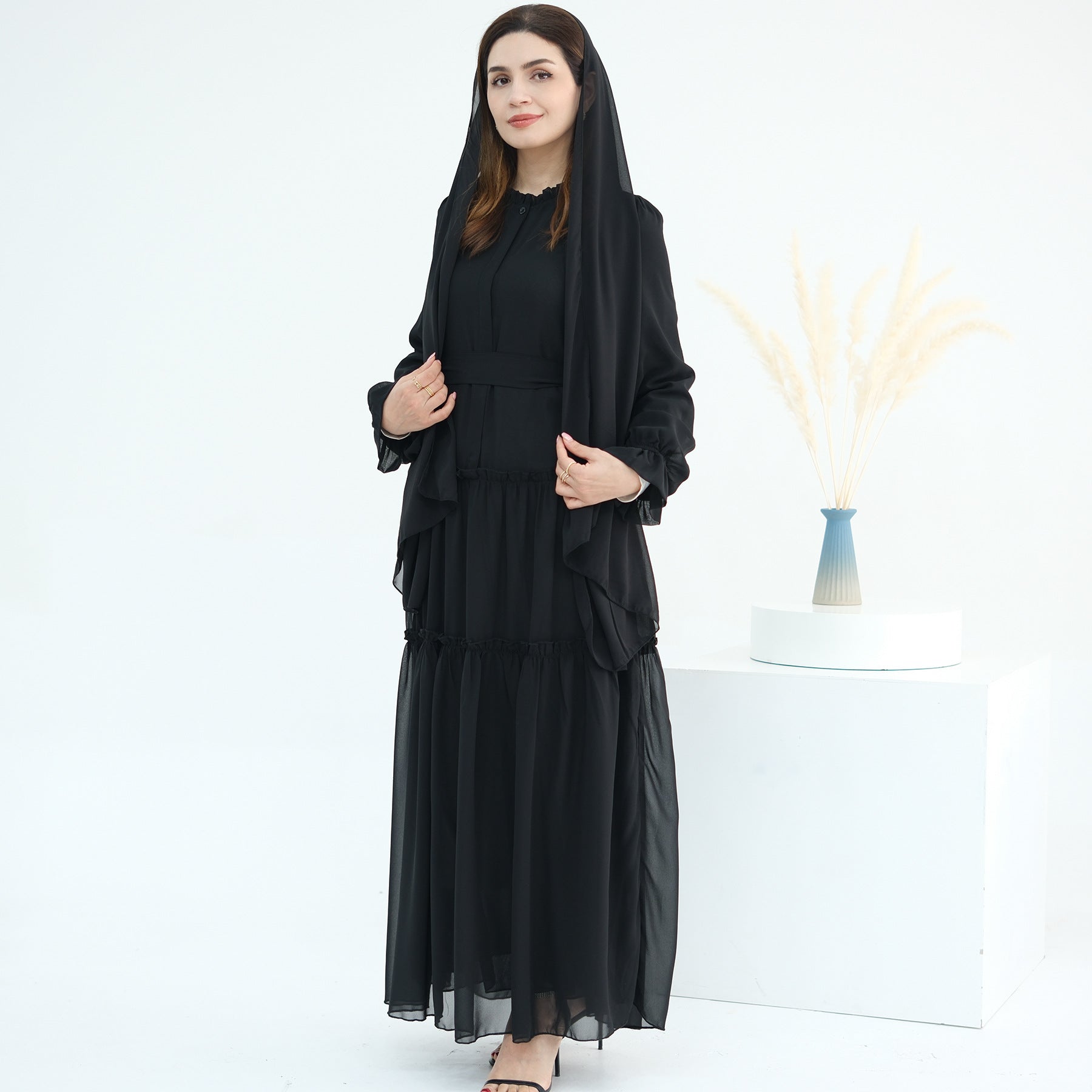 Solid Color Light Flared Sleeve Dress Hijab Set