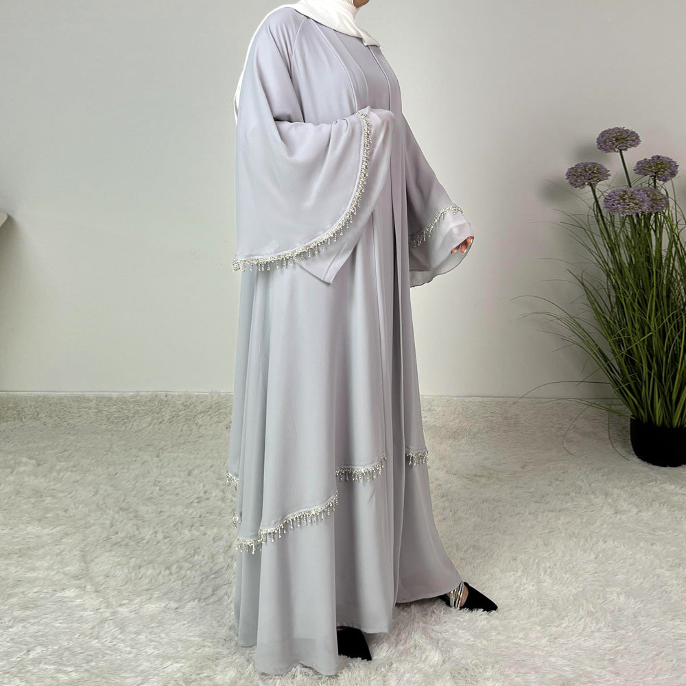 Chiffon Rhinestone Trumpet Sleeve Abaya Set