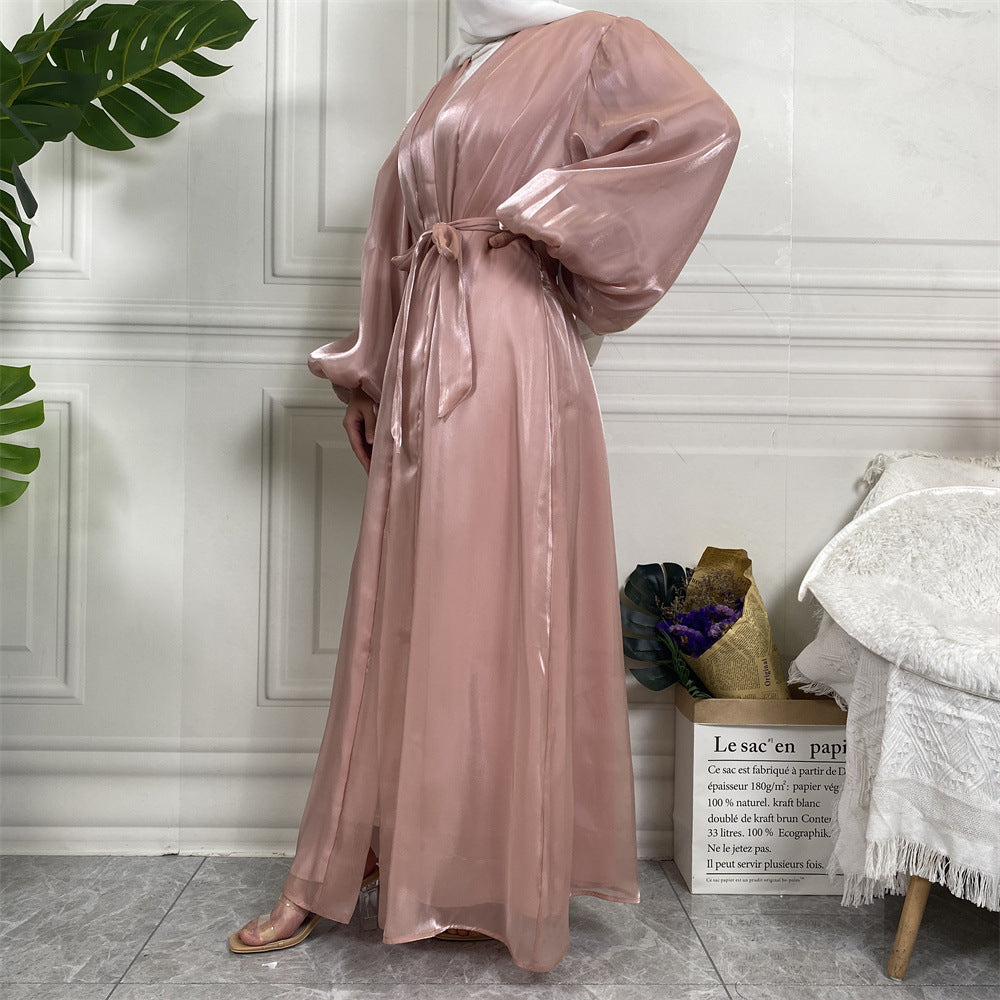 Shining Silk Lantern Sleeves Open Abaya