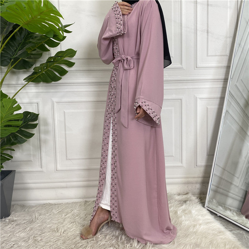 Elegant Pure Color Bead Strap Open Abaya