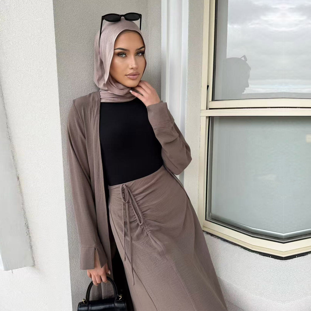 2 Pcs Abaya Solid Color Cardigan and Skirt